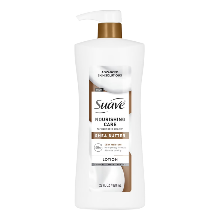 Suave Nourishing Care Body Lotion with Shea Butter in a 28 oz bottle, featuring creamy lotion texture and pump dispenser.