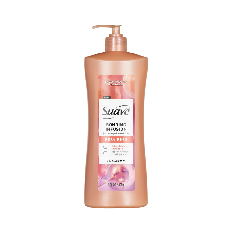 Farmacias Savia Suave Bonding Infusion Repairing Shampoo for damaged hair, 28 oz bottle, with nourishing formula.