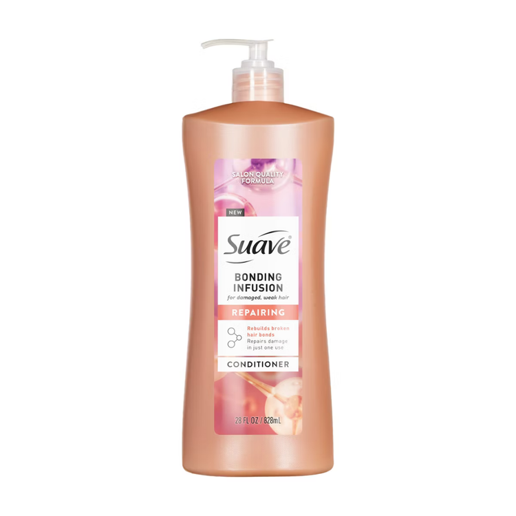 Suave Bonding Infusion Repairing Conditioner for damaged hair, 28 oz, with a pump bottle and labeled packaging.