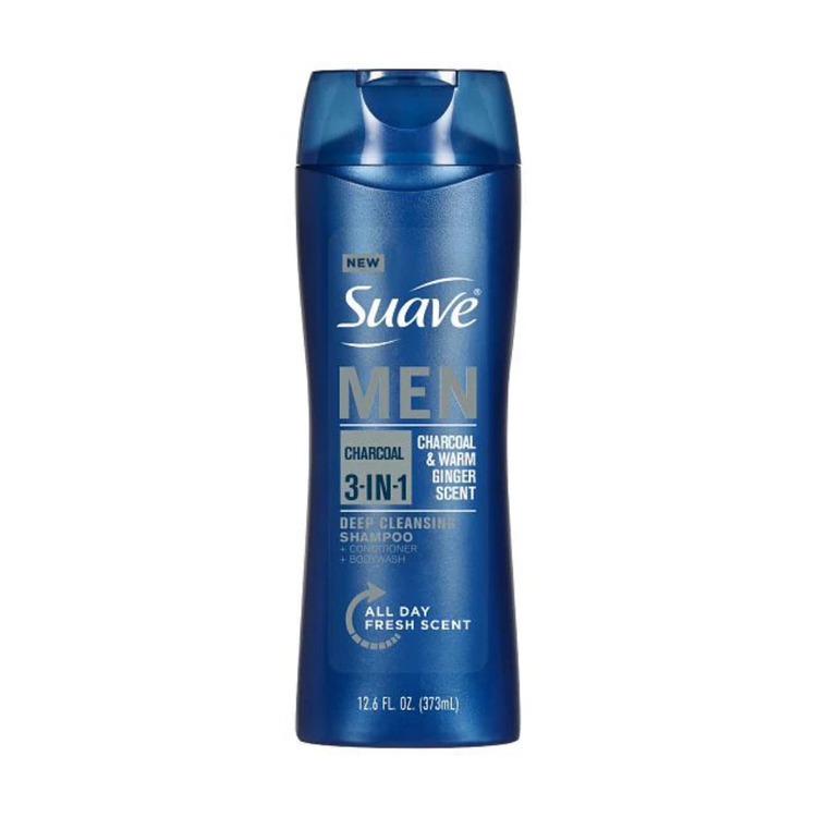 Suave Men 3-in-1 charcoal shampoo, conditioner, and body wash bottle with black and gray packaging, 12.6 fl oz.