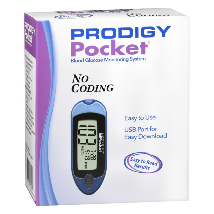 Prodigy Pocket Blood Glucose Monitoring System Kit from Farmacias Savia, compact device with test strips and lancing device.