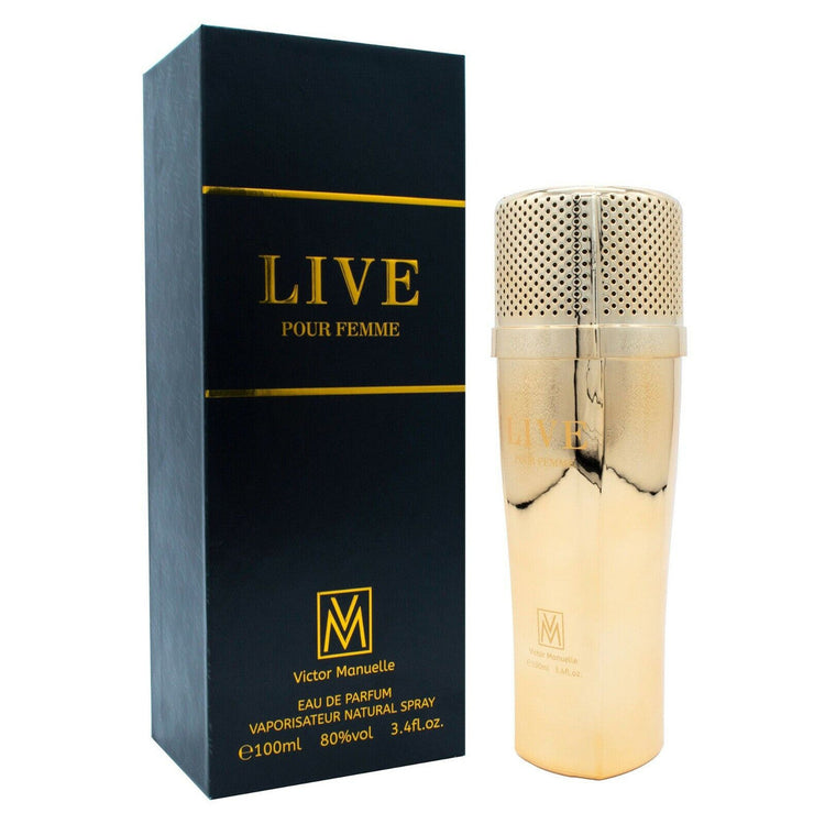 Victor Manuelle Live Pour Femme 3.4 oz Eau De Parfum spray displayed with elegant bottle and floral accents.