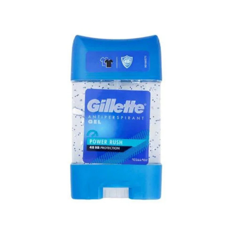 Gillette Power Rush Deodorant 2.4oz stick, fresh scent, in a white and blue container with blue cap.