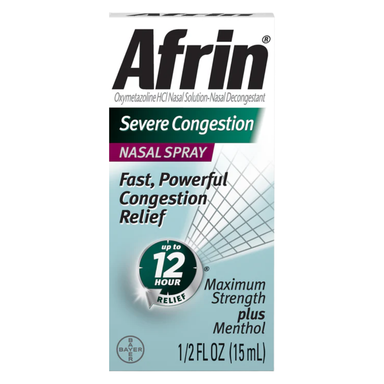 Farmacias Savia Afrin Severe Congestion Nasal Spray 0.5oz bottle with spray nozzle for nasal relief.
