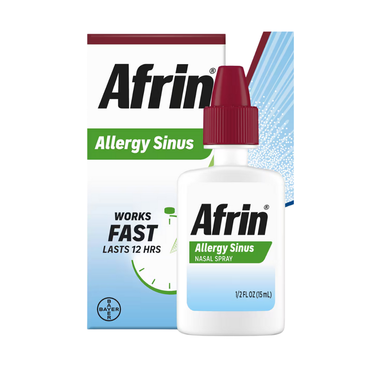 Farmacias Savia Afrin Allergy Sinus Nasal Spray bottle, 0.5oz, with spray nozzle and label visible.