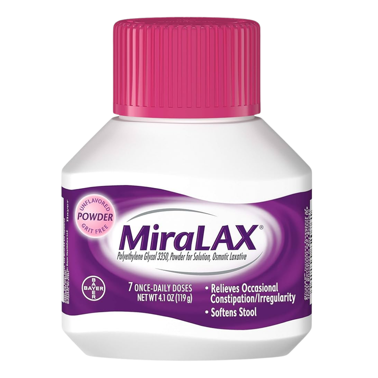 MiraLAX laxative powder in 4.1 oz container, polyethylene glycol formula for gentle bowel relief, shown in a clear jar.