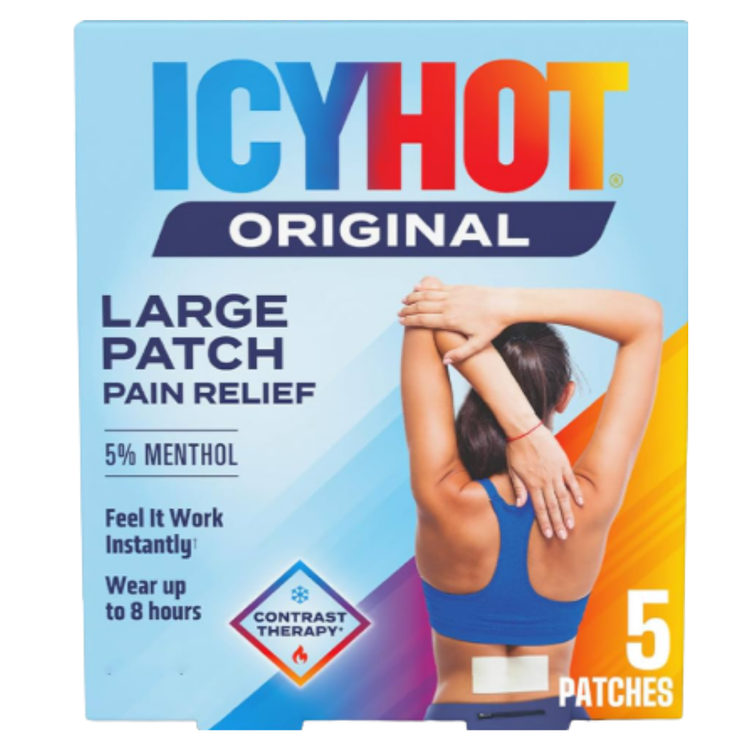 Icy Hot Original Large Pain Relief Patches with 5% Menthol from Farmacias Savia, showing five patches on a white background.
