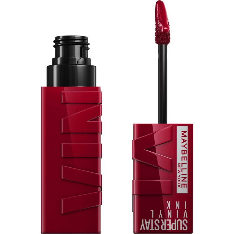 Maybelline Super Stay Vinyl Ink liquid lipstick in shade 55 Royal, with applicator and vibrant purple lip color.