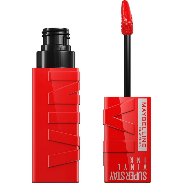 Maybelline Super Stay Vinyl Ink liquid lipstick in shade Red Hot, with a bold red color and sleek applicator.