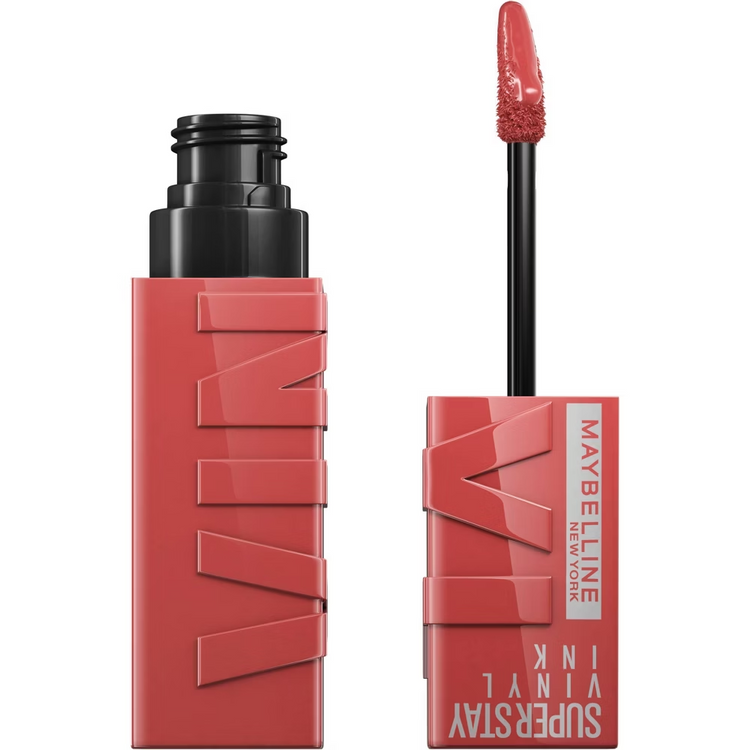 Maybelline Super Stay Vinyl Ink liquid lipstick in shade 15 Peachy, featuring a glossy finish and smooth application.