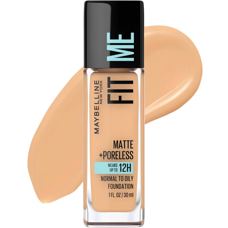 Maybelline Fit Me Matte + Poreless Liquid Foundation in shade 230 Natural Buff, 1 fl oz, with a pump dispenser.