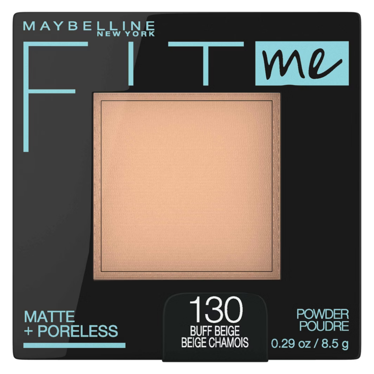 Maybelline Fit Me Matte + Poreless Powder in Buff Beige 130, a compact makeup product with pressed powder for a matte finish.