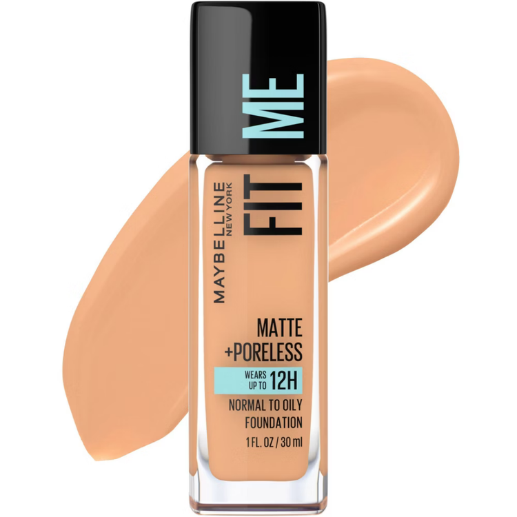 Maybelline Fit Me Matte + Poreless Foundation Natural Tan 320 in a 1oz bottle, showing the product packaging and label.