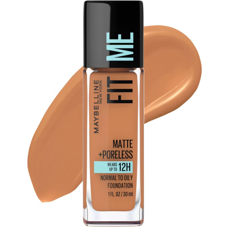 Maybelline Fit Me Matte + Poreless Foundation Classic Tan 335 bottle, showing product label and packaging for flawless skin.