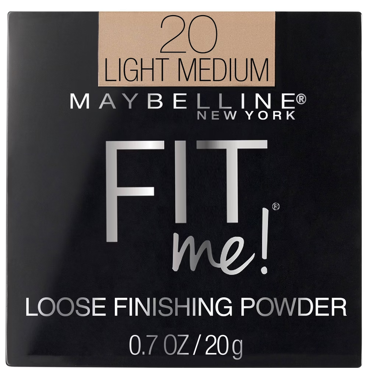 Maybelline Fit Me Loose Finishing Powder in Light Medium, 0.7 oz, compact with transparent lid and product inside.