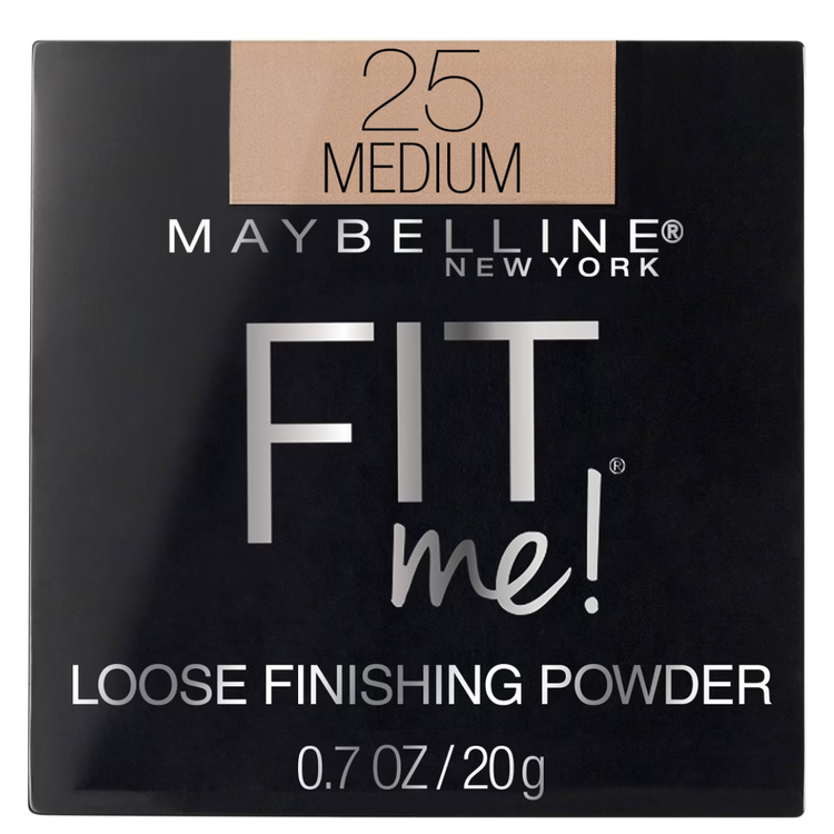 Maybelline Fit Me Loose Finishing Powder in Medium, 0.7oz, displayed in its open container with a soft, matte finish on the powder.