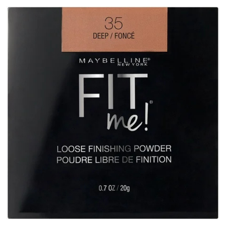 Maybelline Fit Me Loose Finishing Powder in Deep shade, 0.7oz, with the product container and open lid showing the powder inside.