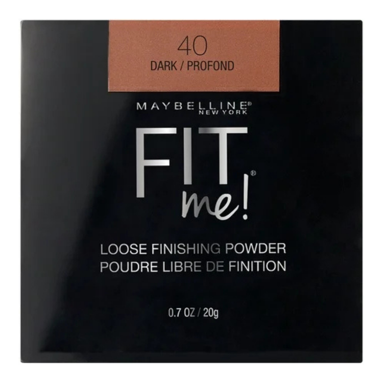 Maybelline Fit Me Loose Finishing Powder in Dark shade, 0.7oz, showing the compact container with product inside.