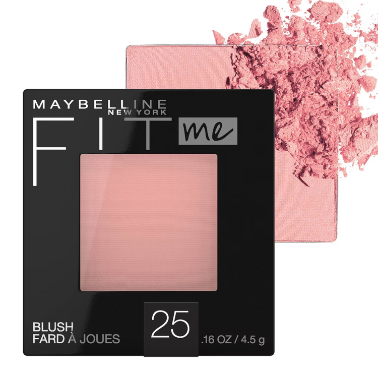 Maybelline Fit Me Blush in Pink Rose, a natural-looking pink powder blush in a 0.16 oz compact, perfect for a rosy glow.