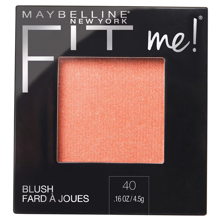 Maybelline Fit Me Blush in shade 40 Peach, a natural-looking powder blush in a small 0.16oz compact, suitable for a warm glow.