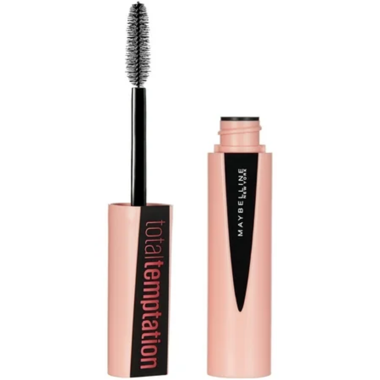Maybelline Total Temptation washable mascara in Blackest Black with 0.27 fl oz, showcasing the mascara brush and product packaging.
