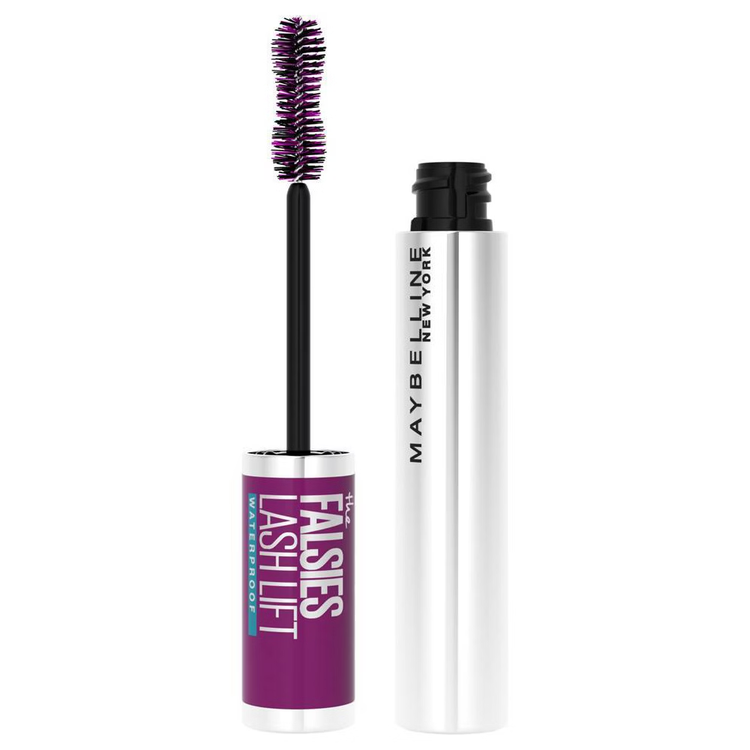Maybelline The Falsies Lash Lift Waterproof Mascara in very black, 0.29 oz, showcasing the mascara tube and brush.