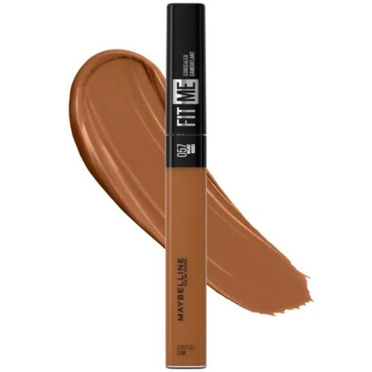 Maybelline Fit Me Concealer Walnut 57 tube, makeup product with beige cap and label, displayed against a white background.
