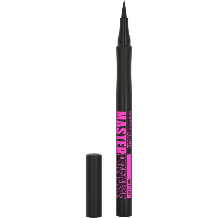 Maybelline Eyestudio Master Precise All Day Liquid Waterproof Eyeliner in matte black, with a sleek applicator and black packaging.