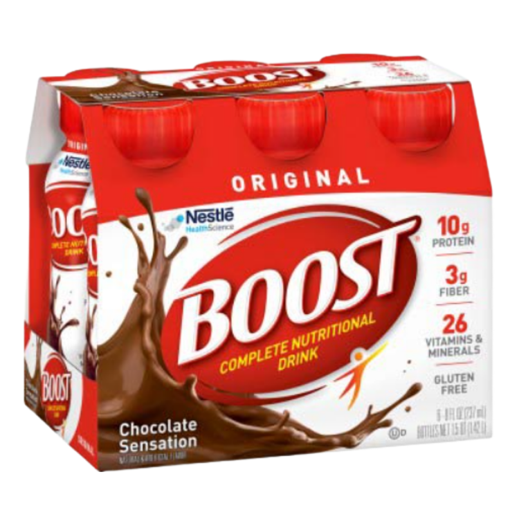 Six-pack of Boost Original Nutritional Drink in chocolate flavor by Farmacias Savia, featuring bottles with chocolate-colored labels.