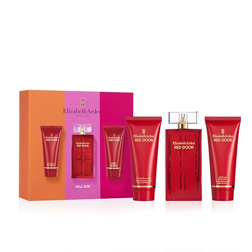 Elizabeth Arden Red Door Eau de Toilette women perfume set, featuring three elegant fragrance bottles with floral and classic design.