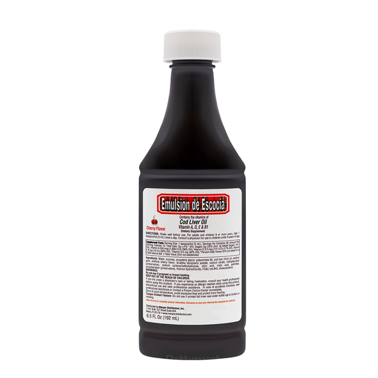 Scott Cod Liver Oil Emulsion with Cherry Flavor in a 6.5oz bottle, shown in a clear container with cherry imagery.