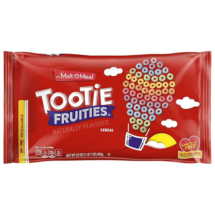 Malt-O-Meal Tootie Fruities cereal box, 19oz, in colorful packaging with fruity cereal pieces on the front.