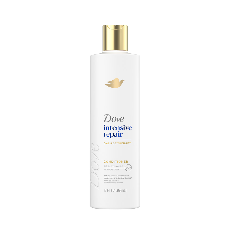 Dove Intensive Repair Damage Therapy Conditioner 12oz bottle with sleek white packaging and blue accents, designed for damaged hair.