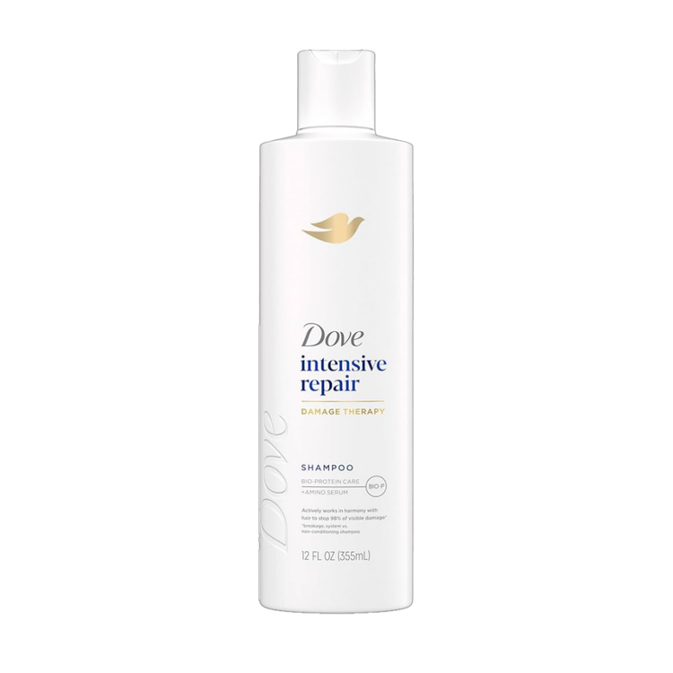 Dove Intensive Repair Damage Therapy Shampoo bottle, 12oz, with white and blue packaging, suitable for damaged hair care.