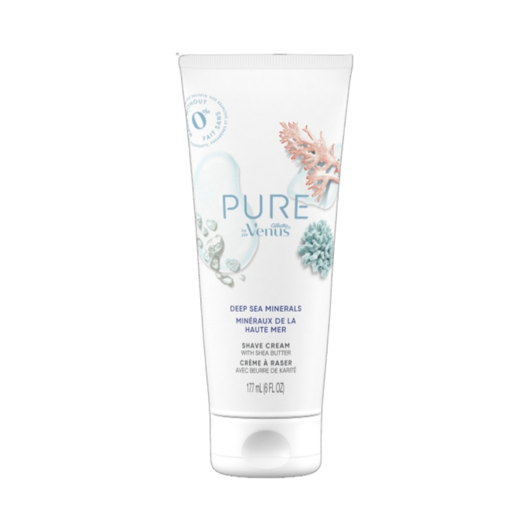 Gillette PURE by Venus shave cream with Shea Butter in 6oz tube, creamy texture, for smooth shaving.