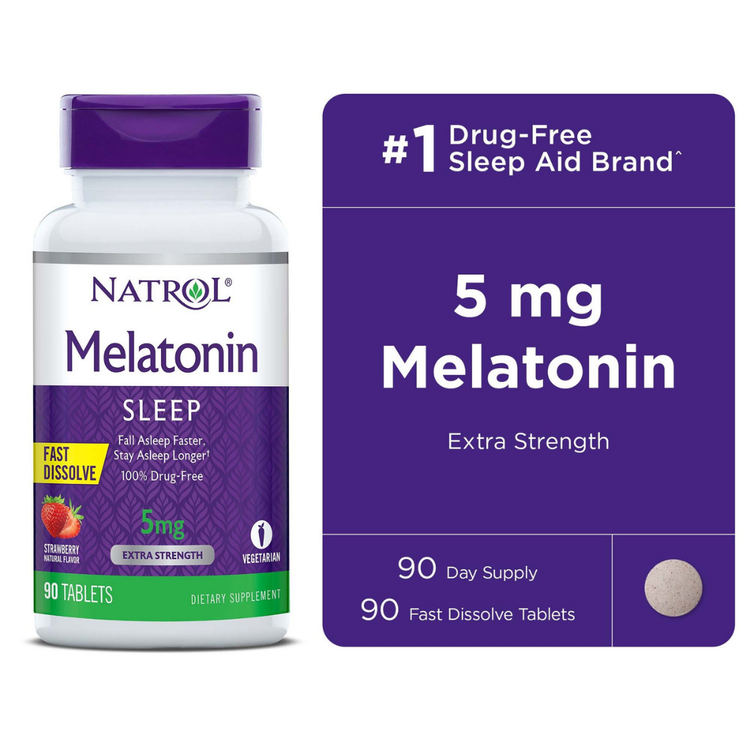 Natrol Melatonin 5mg fast dissolve tablets in strawberry flavor, showing 90-count bottle with tablets and packaging.