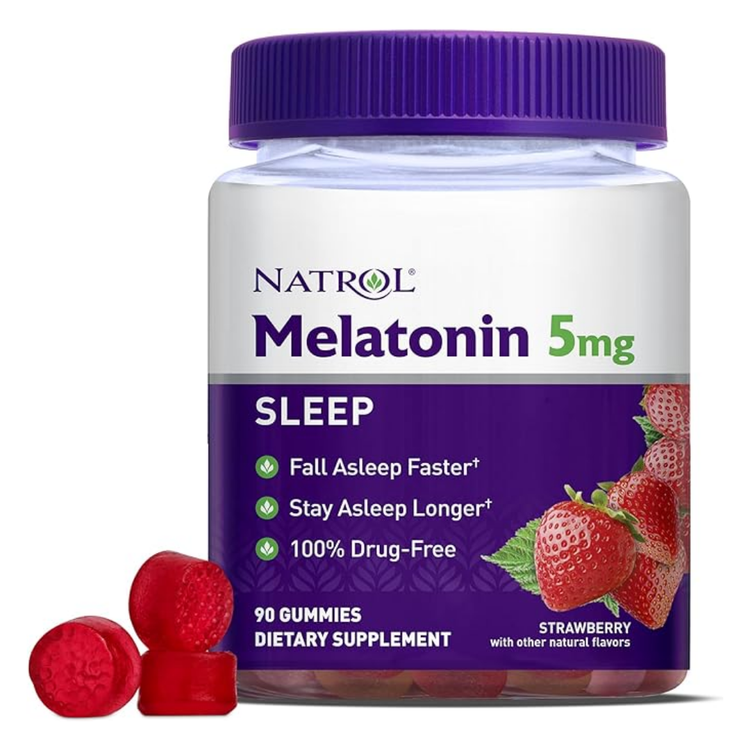 Strawberry-flavored Natrol Melatonin 5mg Gummies in a bottle, 90 count, for natural sleep support.