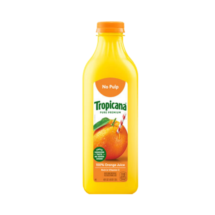 La Comprita Tropicana Orange Juice Origins 52oz bottle with label showing fresh oranges and vibrant orange color.
