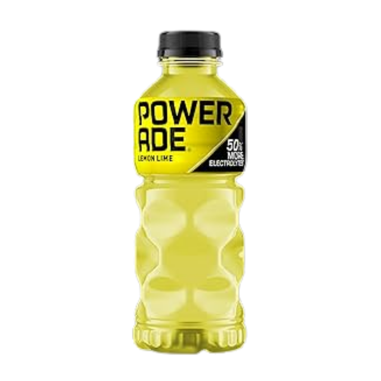 20oz Powerade Mountain Berry Lime sports drink bottle with blue cap and label featuring mountain and lime graphics.