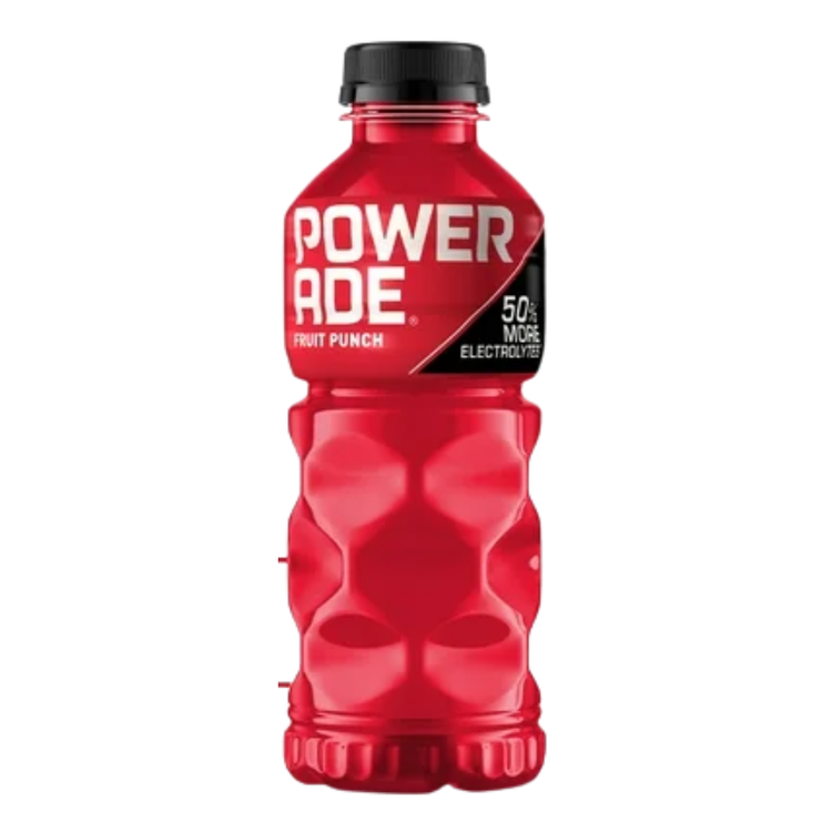 20oz Powerade Fruit Punch sports drink bottle by Farmacias Savia with vibrant label and red cap.