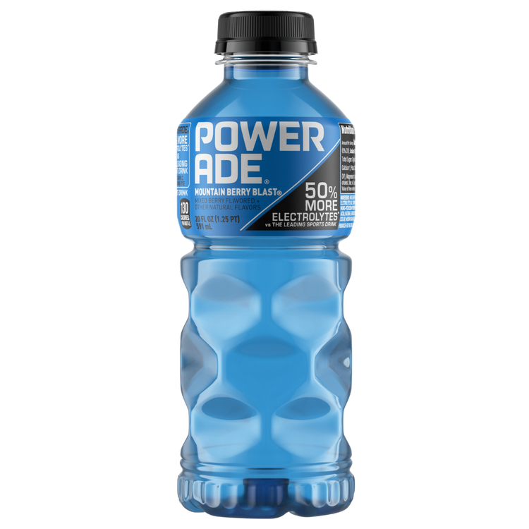 20oz Powerade Mountain Blast sports drink bottle with blue and white label from Farmacias Savia.