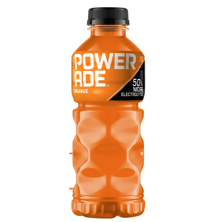 20oz bottle of Powerade Orange sports drink with bright orange label and cap, designed for hydration and energy.