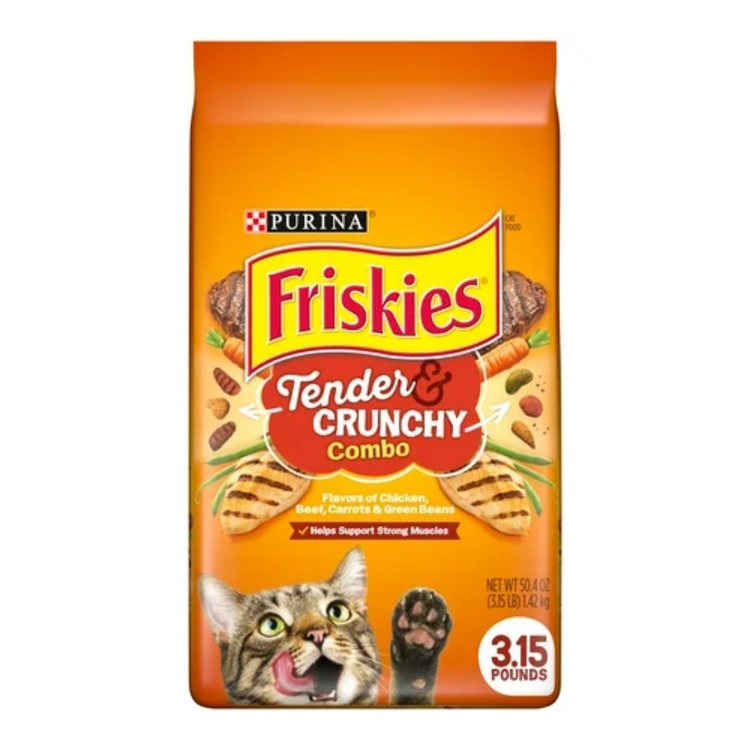 Farmacias Savia Purina Friskies Tender & Crunchy Combo Dry Cat Food 3.15 lb bag with colorful packaging and cat food pieces.