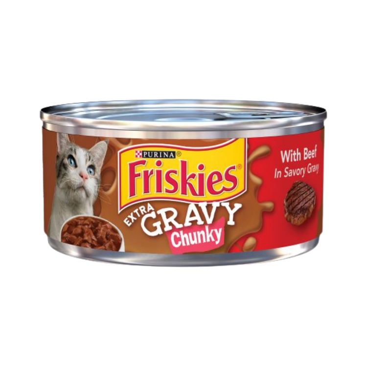 Canned Purina Friskies Extra Gravy Chunky Beef cat food in savory gravy, 5.5oz, with images of beef chunks in rich gravy.