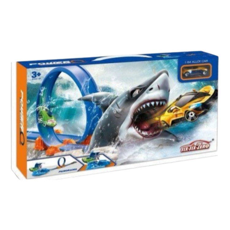 Six Six Zero Power Track Master Loop Playset with alloy car, featuring colorful track loops and racing elements.