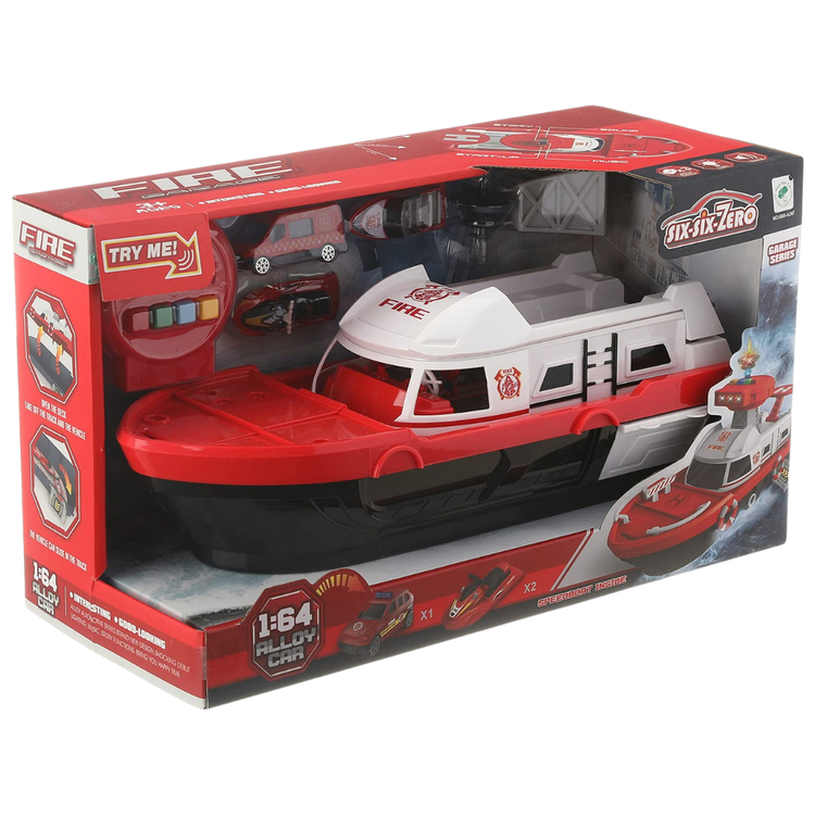 Six-Six-Zero Fire Rescue Boat Playset with 1:64 alloy fire rescue boat and figures, detailed toy for imaginative play.