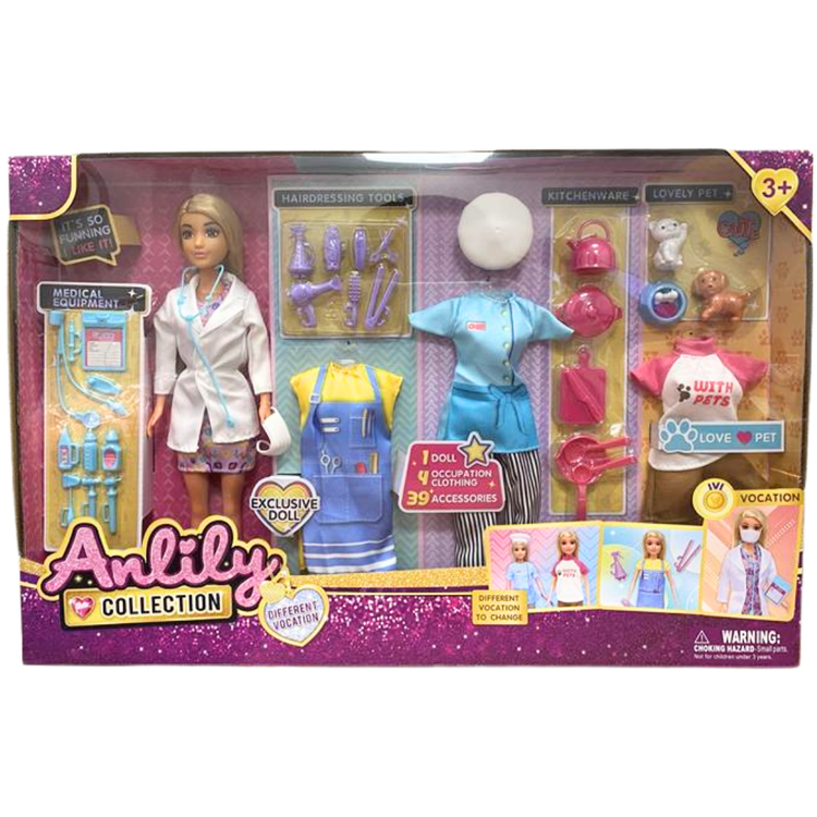 Anlily Multi-Career doll set by Farmacias Savia with four vocation outfits and 39 accessories, featuring colorful clothing and toy accessories.