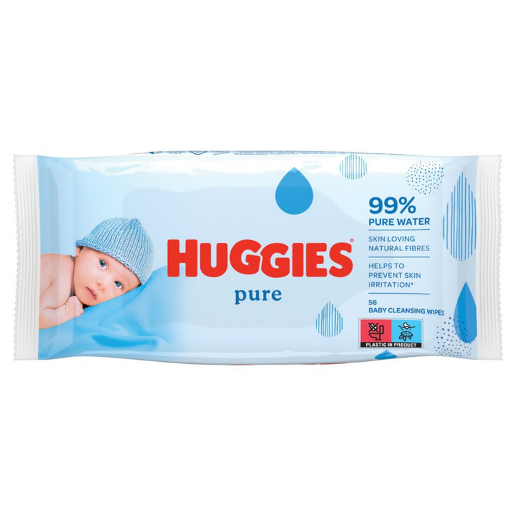 Huggies Pure Baby Wipes fragrance-free, 56 count, in a pack with soft, gentle wipes suitable for sensitive skin