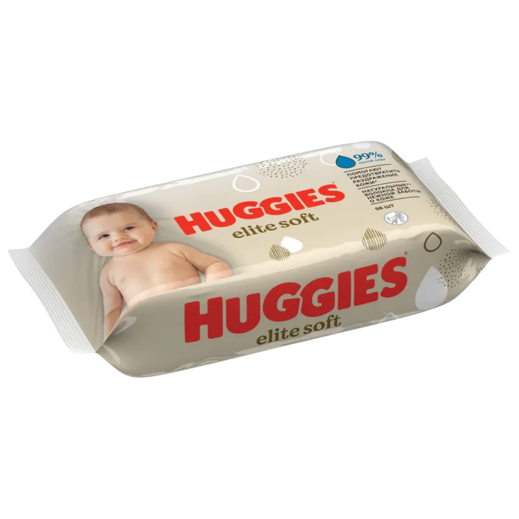 Huggies Elite Soft Baby Wipes in 56 count package, soft textured wipes suitable for gentle baby skin.