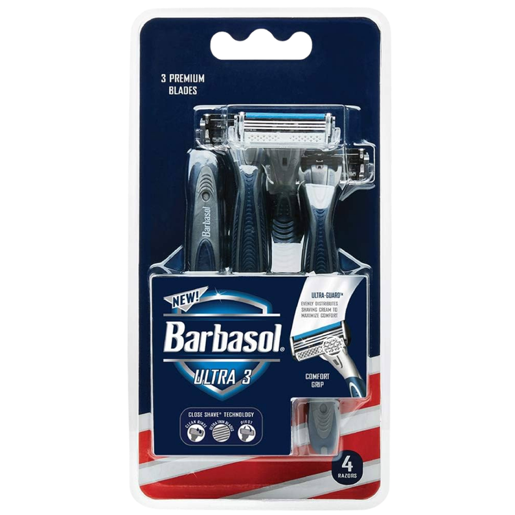 Barbasol Ultra 3 Premium Disposable Razors in a 4-pack, featuring three-blade design and comfortable grip for smooth shaving.